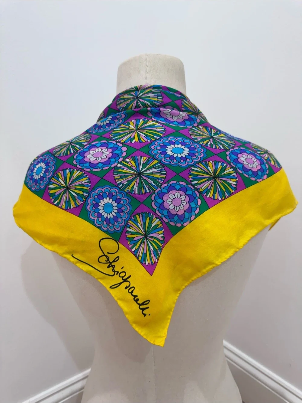 Schiaparelli Bright Yellow Purple Mod Silk Scarf 23” x 23” retro vintage